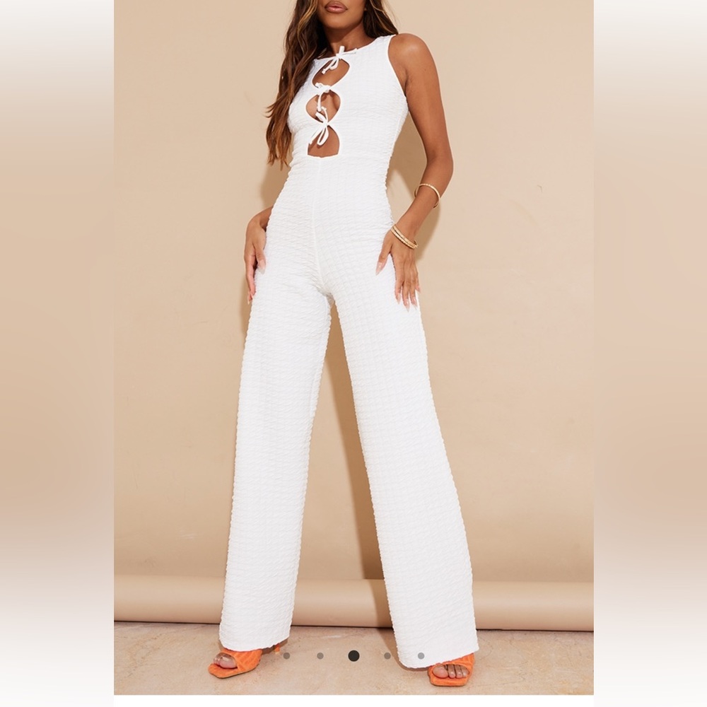 PrettyLittleThing Crinkle White Triple Keyhole Wide Leg Jumpsuit